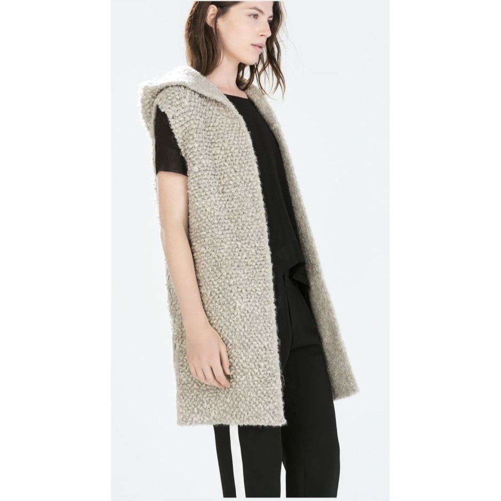 Zara Knit Hooded Vest Women M Grey Excellent Italian Yarn Textured Longline